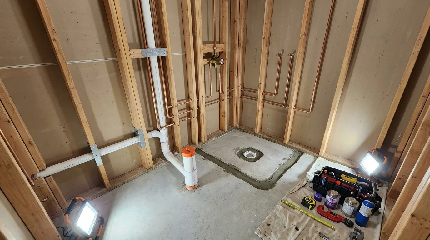 Bathroom rough-in plumbing during remodel by Johns Plumbing LLC in Fountain