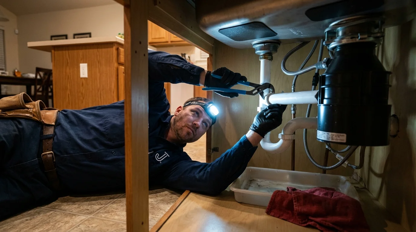 P-trap and supply line connections under a kitchen sink showing a common leak point in Fountain, CO